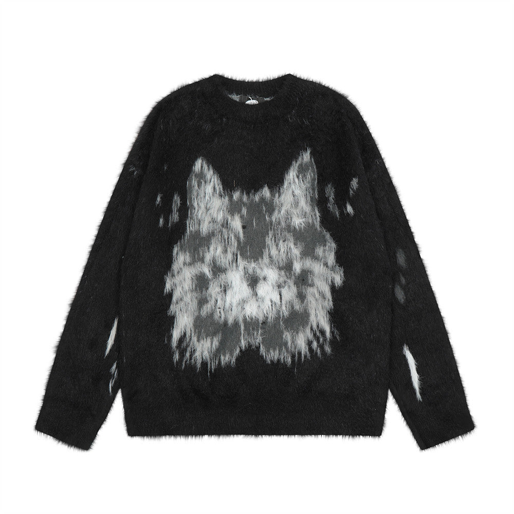 Animal Jacquard Brushed Round Neck Sweater Men's Loose