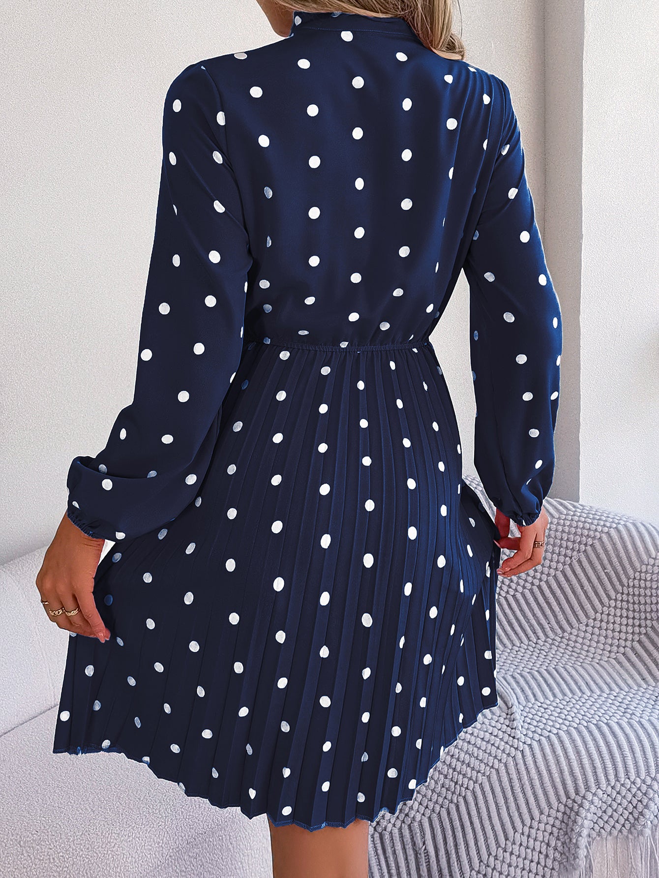 Women's Polka Dot Tie-Waist Long Sleeve Pleated Maxi Dress