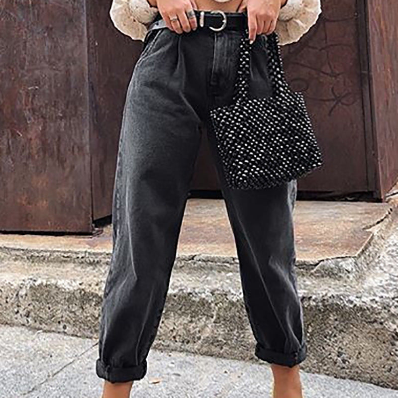 Women's loose high waist denim trousers