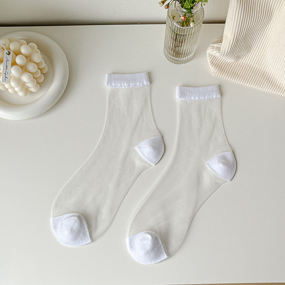 Spun Glass Crystal Tube Socks Women's Summer Thin Black Polka Dot Breathable Mesh