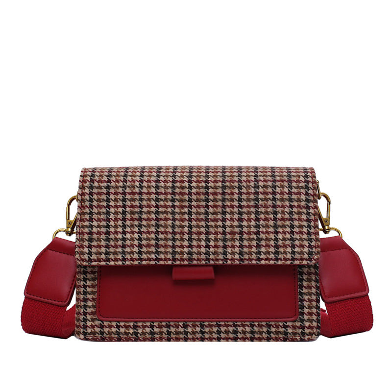 Retro small square bag shoulder bag houndstooth contrast color