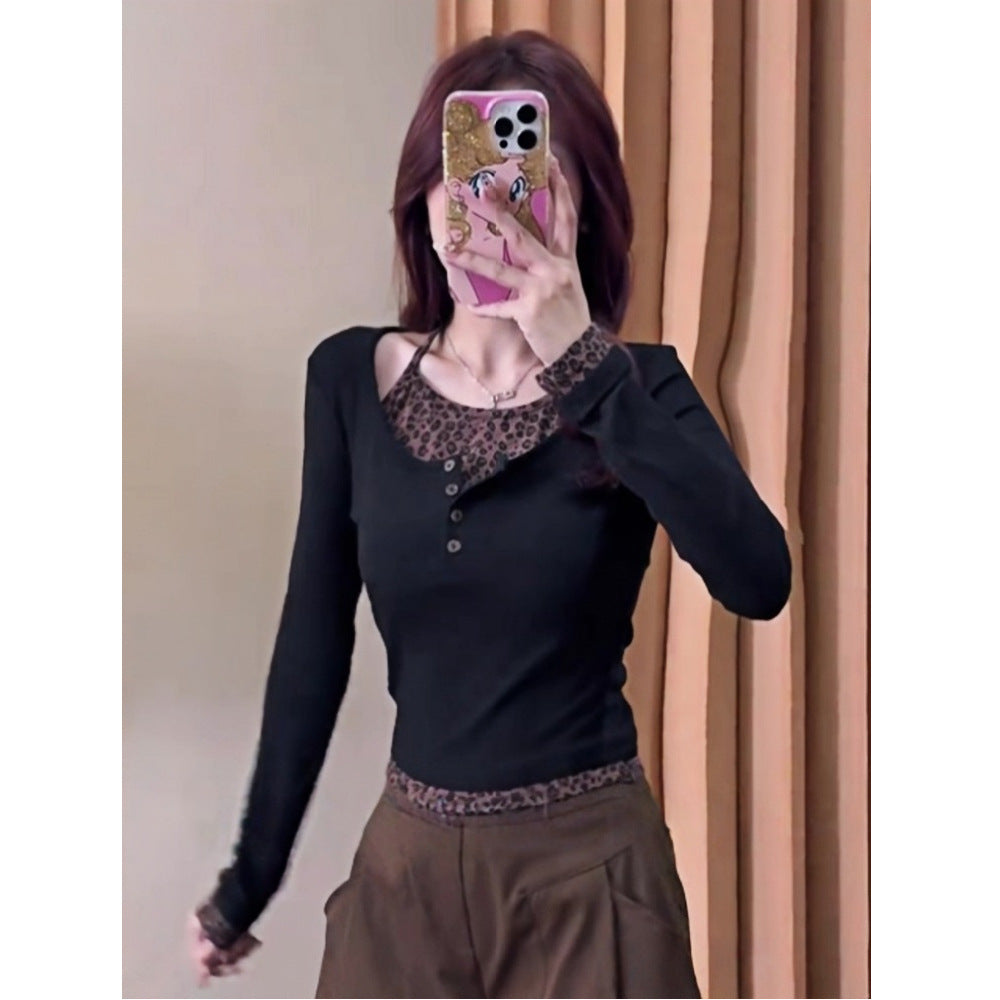 Womens Leopard-Print Patchwork Fake Two-Piece Long-Sleeve Top