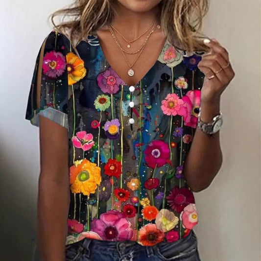 Floral Print Button Spring And Summer Women's Clothing T-shirt Short Sleeve