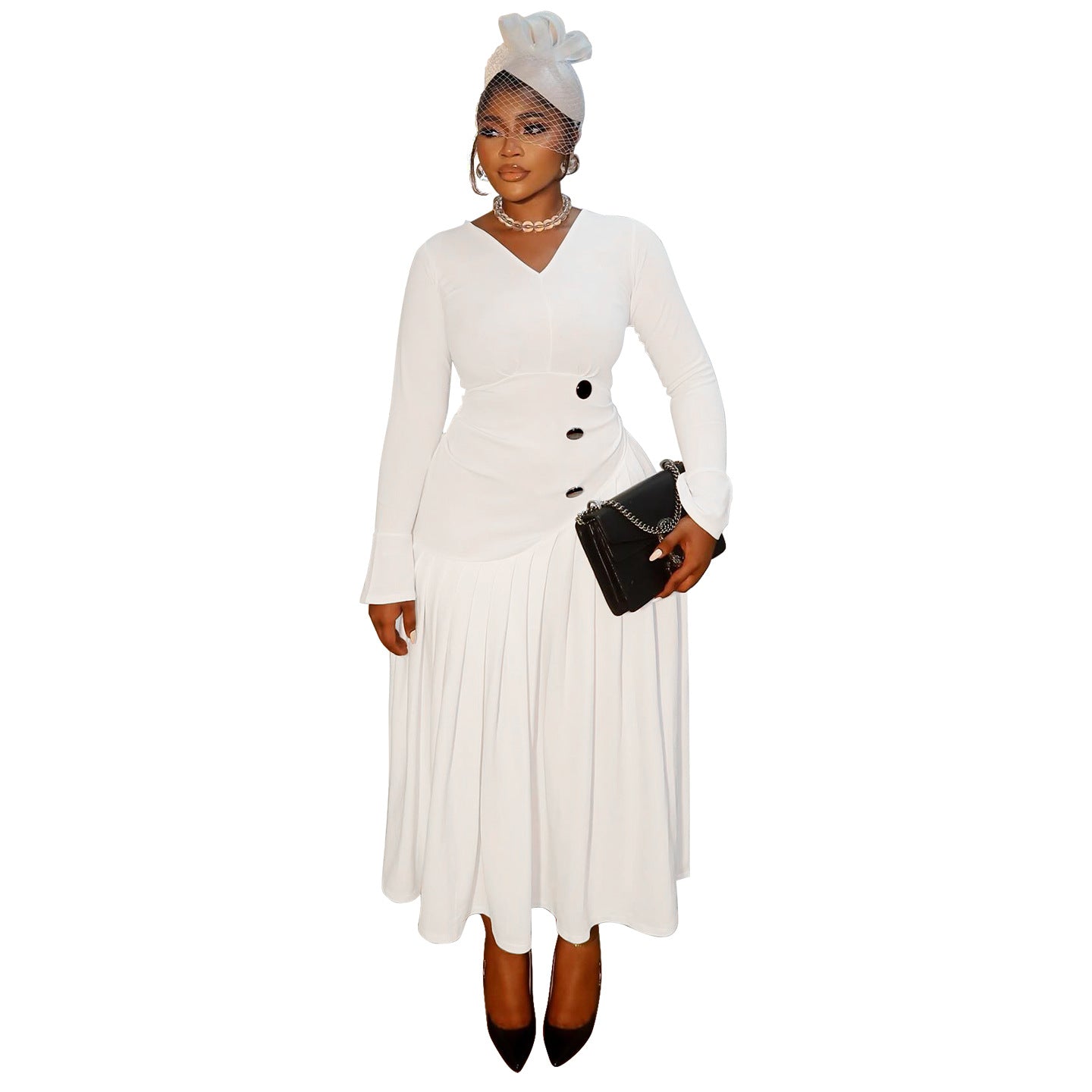 V-neck Waist-cinching Fashionable Pleated Maxi Skirt