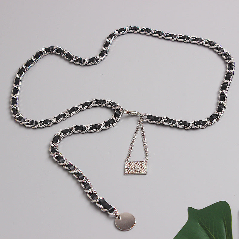 Metal Leather Braided Chain Mini Pendant Waist