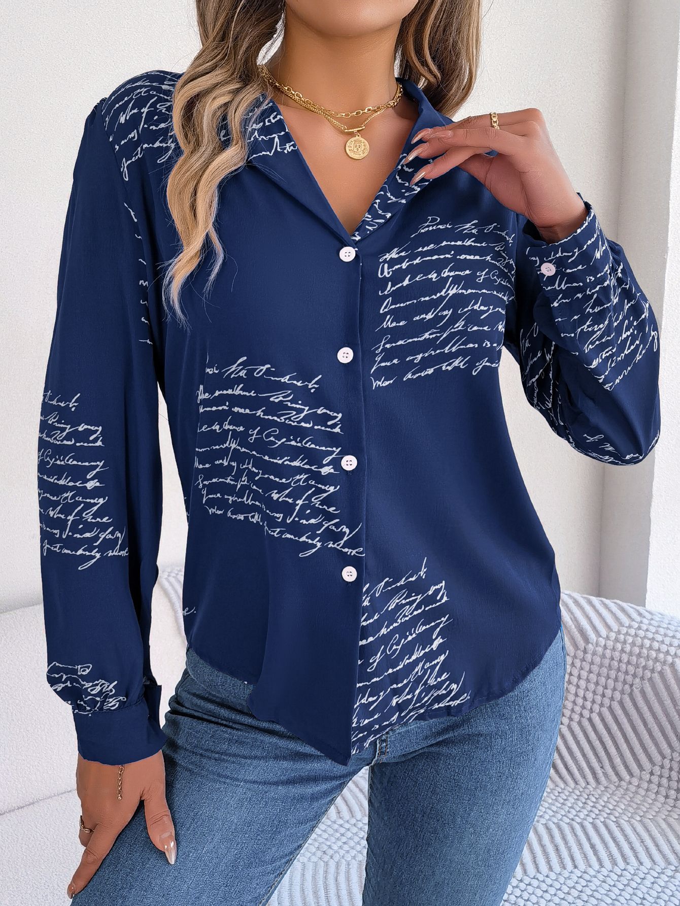 Women's Casual Versatile Letter Print Notched Lapel Long Sleeve Shirt