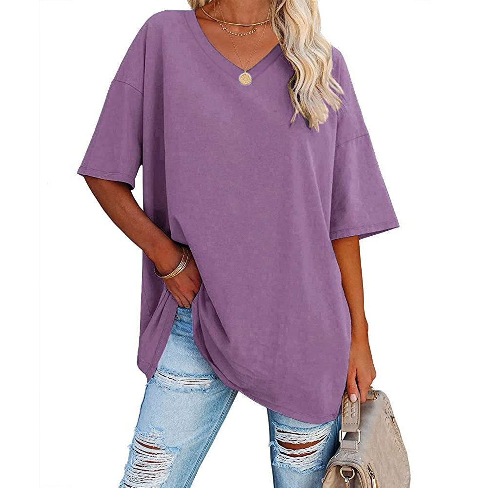 European And American Women's Loose Short-sleeved V-neck T-shirt