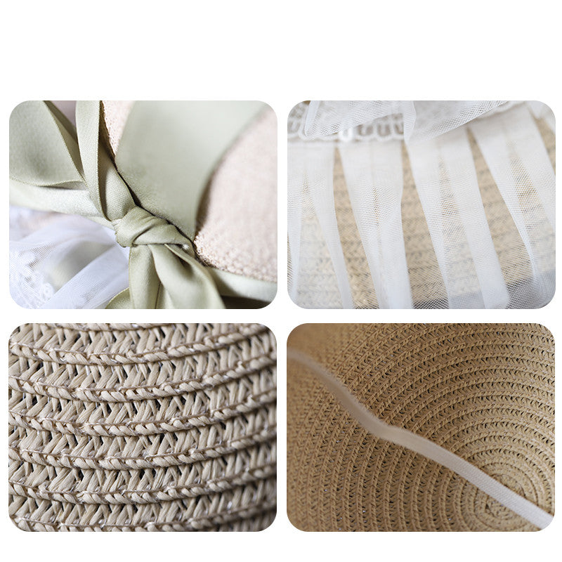 Straw Hat Women's Big Brim Lace Shade Pastoral Bow Ribbon