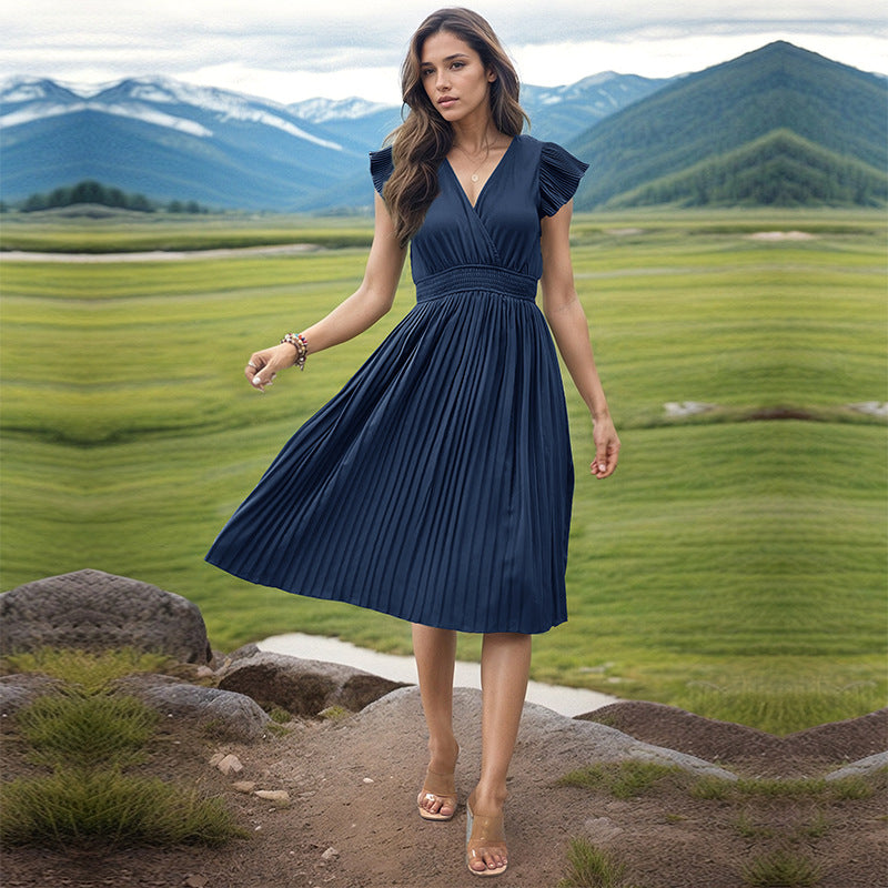 Simple Elegant V-neck High Waist Pleated Dress