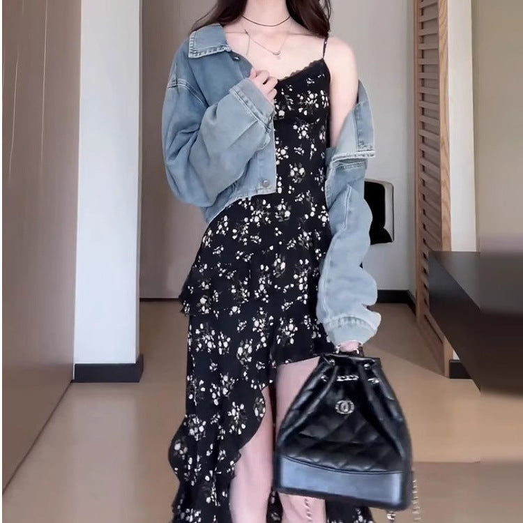 Black Floral Slip Dress Asymmetrical Midi Skirt