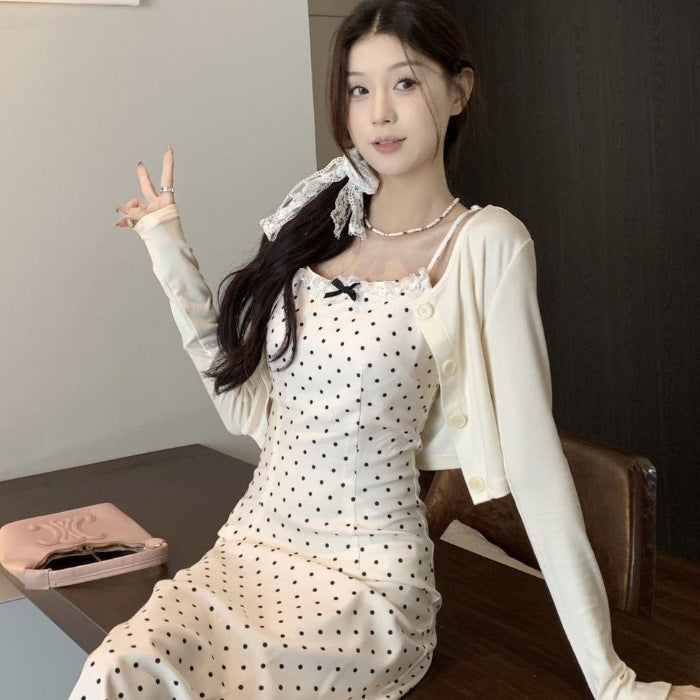 Korean-style Polka-Dot Slip Dress With Bow Detail