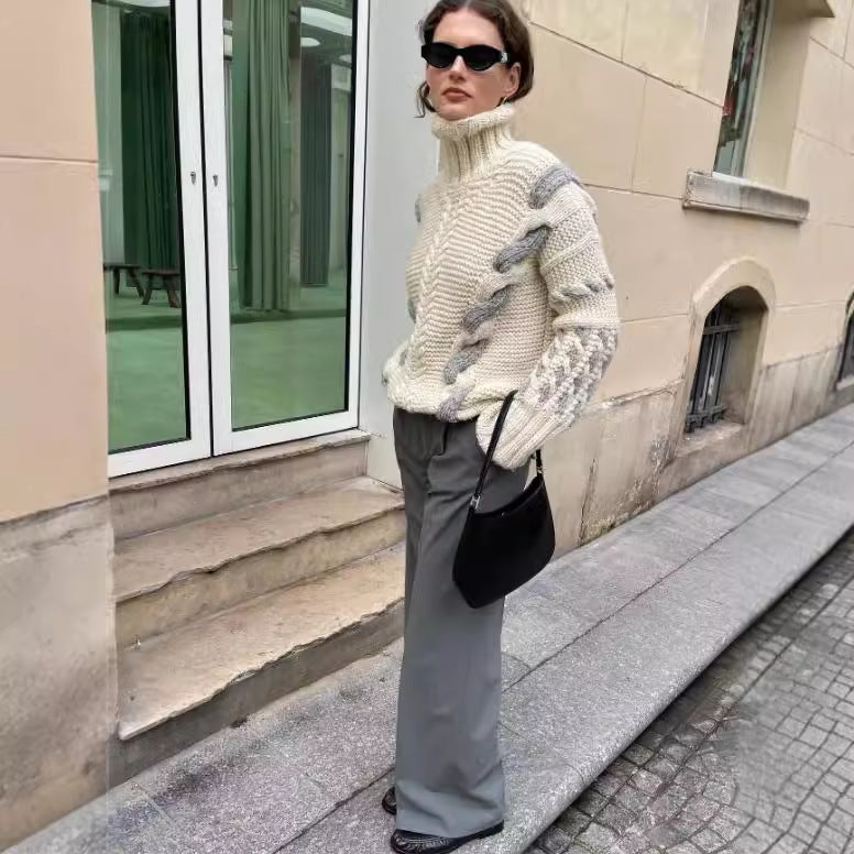 Contrast Color Coarse Woven Twist Lazy And Versatile Pullover Sweater