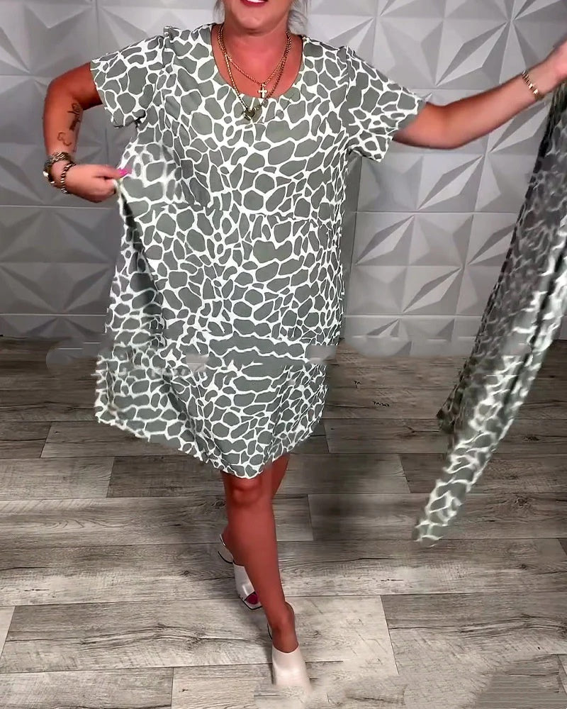 Printed Crew-Neck Loose Casual Stylish Short-Sleeve Comfortable Relaxed-Fit Dress