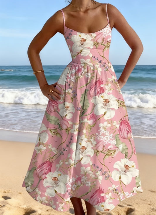 Resort-style Floral Print Sundress With Fitted Waist And Full Skirt For Women