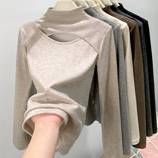 Stitching Women's Half Turtleneck Hollow-out Design Long-sleeved Top