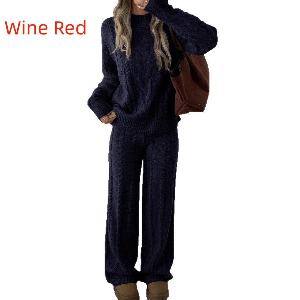 Womens Cable-Knit Knitwear Set With Wide-Leg Pants And A Relaxed Fit