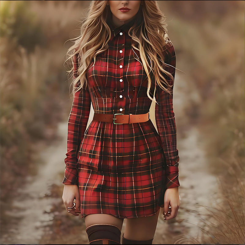 Womens Fashionable Retro Printed Plaid Dress