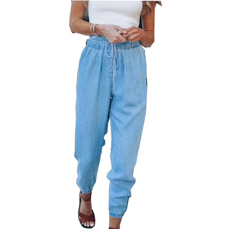 Lace-Up Slim Slimming Denim Trousers