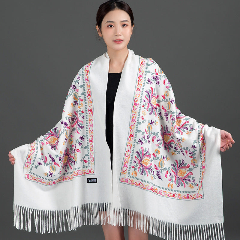 Thickened Tibetan-Nepalese Embroidered Cashmere-Style Scarf For Winter