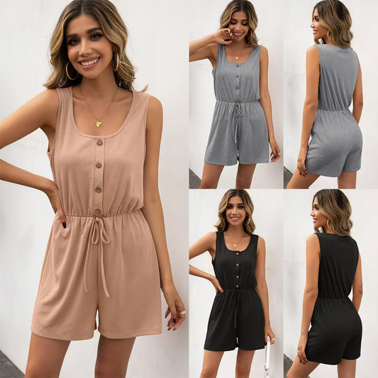 Womens Sleeveless, Defined-Waist Pullover Tank Top And Shorts Jumpsuit