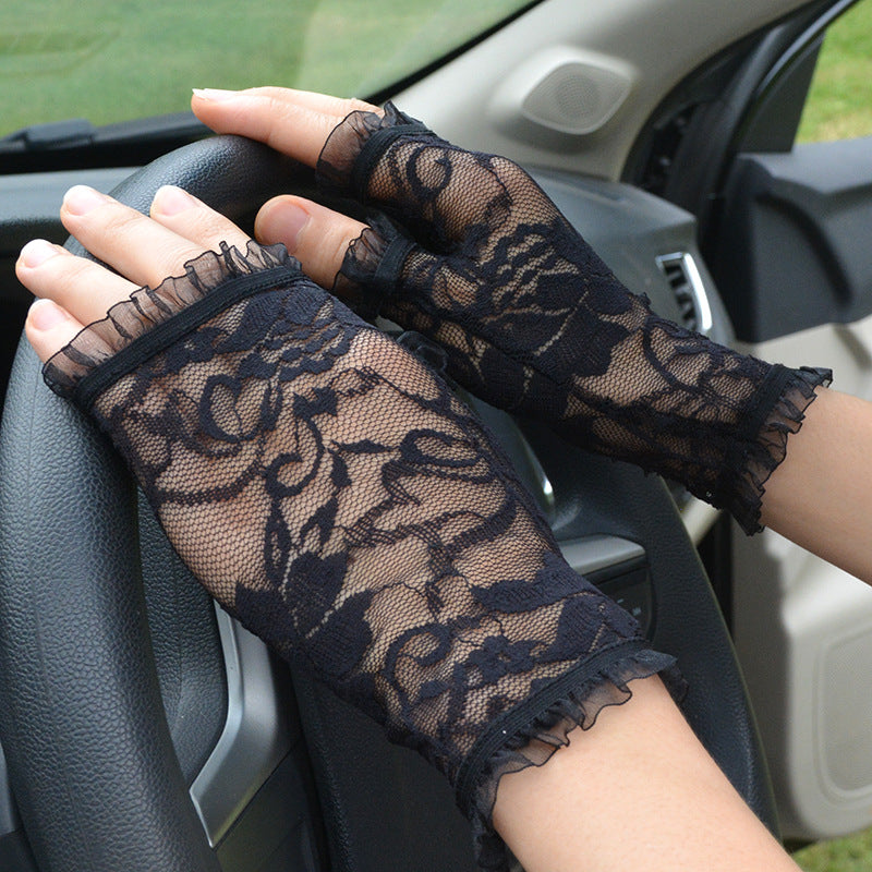 Translucent lace mesh fingerless gloves