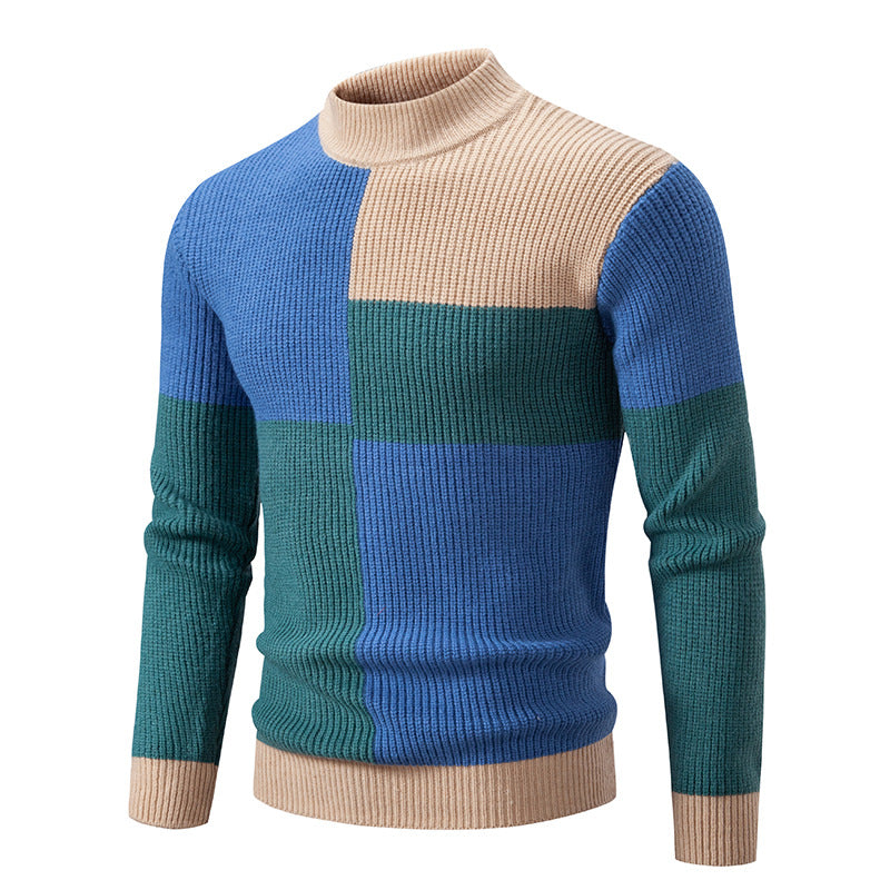Men's Half-high Collar Contrast Color Pullover Knitwear Korean Youth Fashion Casual Top