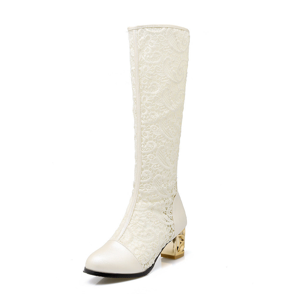 Round Toe Stitching Lace Back-zip Boots Chunky Heel Women's Sandals