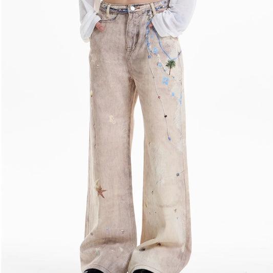 Retro Chain Print Worn Jeans Women's Straight Wide-leg Pants