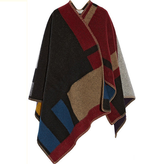 Color big color block cashmere wool shawl cloak