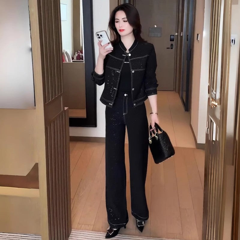 Cropped Standup Collar Jacket And Highwaisted Pants Twopiece Set