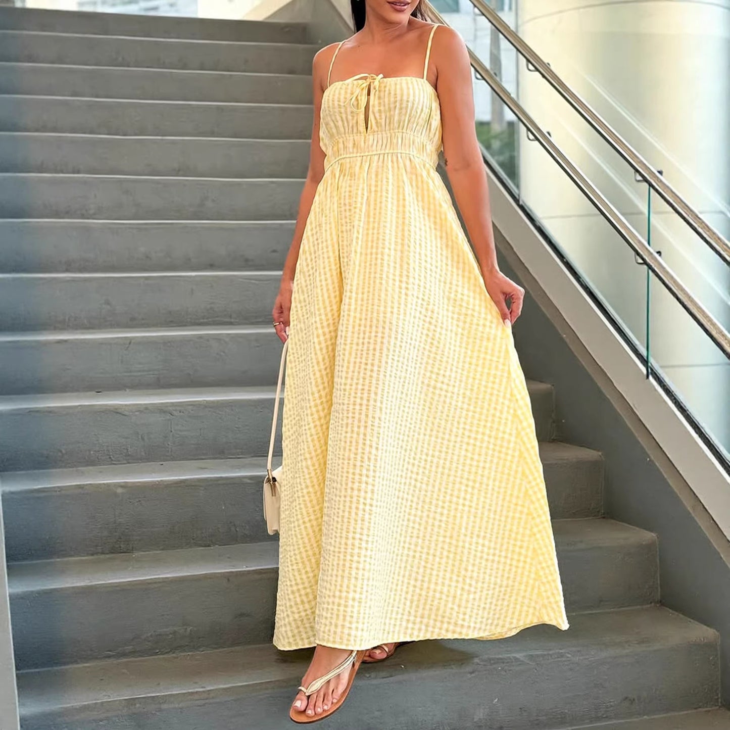 Womens Casual Resort Fit-and-Flare Backless Drawstring Slip Dress