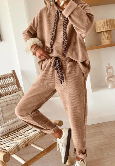 Parchment Thermal Textured Lace Leopard Drawstring Baggy Hoodie