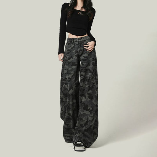 Women's American-style Wide-leg Camouflage Jeans