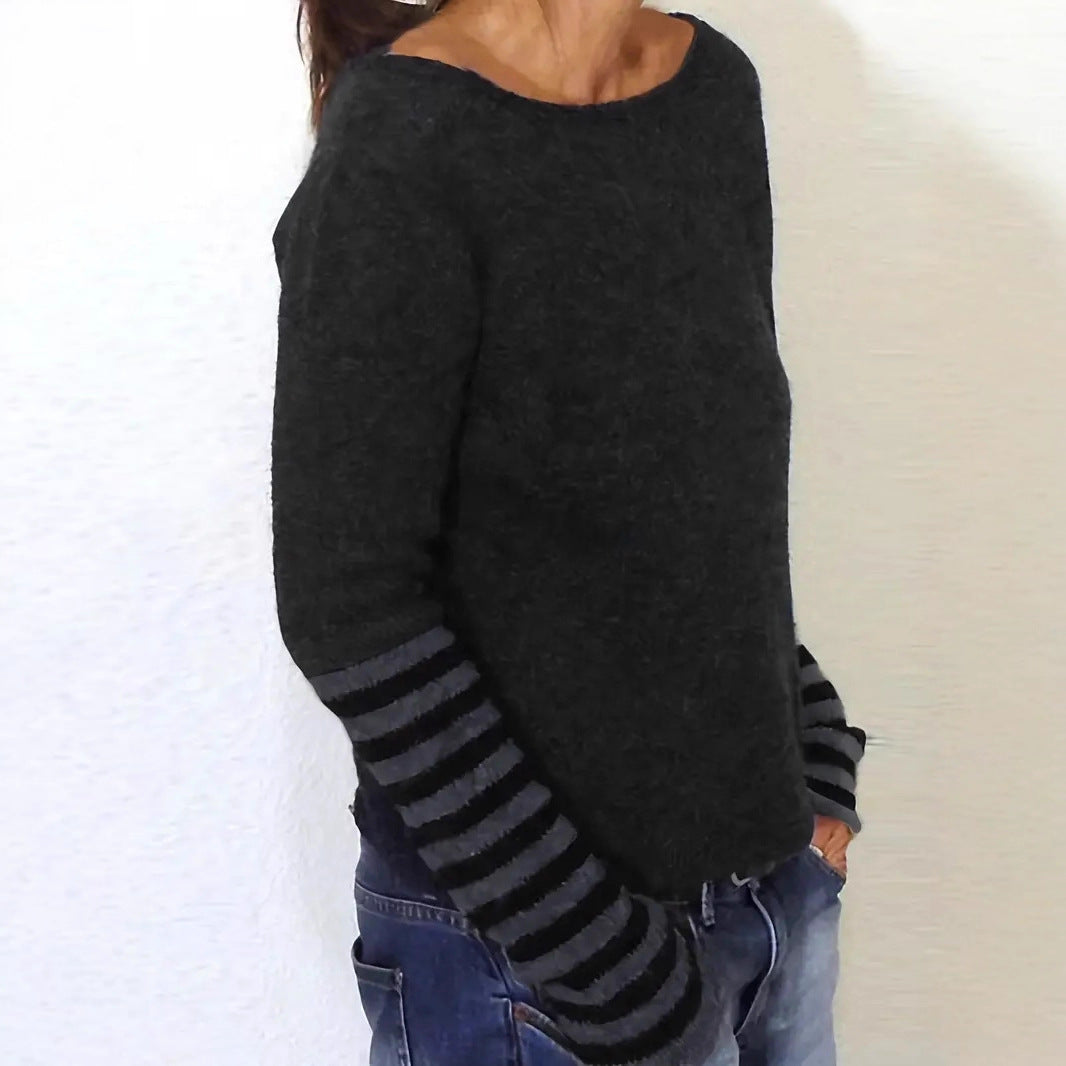 Fashion Casual Round Neck Striped Long Sleeve Knitted Top