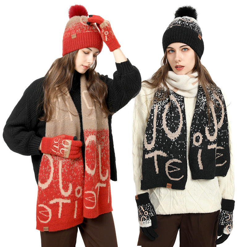 Ladies Jacquard Thickened Faux Mink Scarf Hat Gloves Three-Piece Set