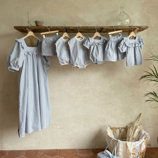 Summer Western-style Plaid Puff Sleeves Children's Parent-child Clothes