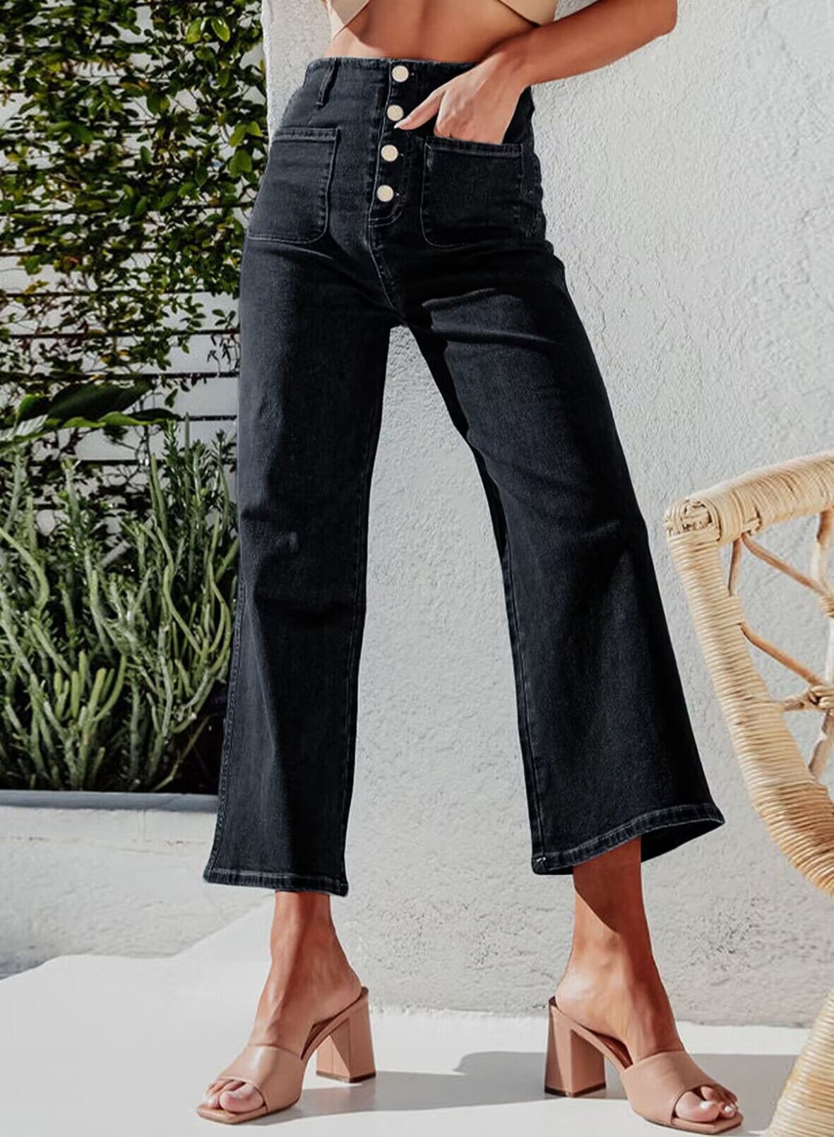 Retro Løse Lige Bukser Med Én Række Ornamenter, Høj Talje, Vide Ben, Jeans Til Kvinder