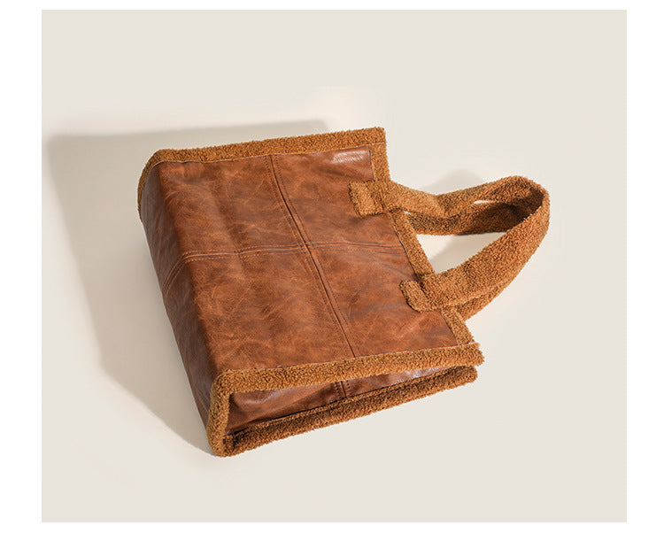 High-capacity Tote Lamb Wool Premium Casual Handheld Splice Wool Bag