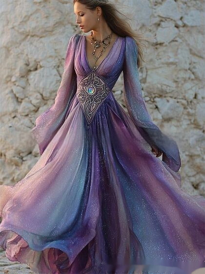 Womens Retro Bohemian Rose-Embroidered Loose Linen Maxi Dress