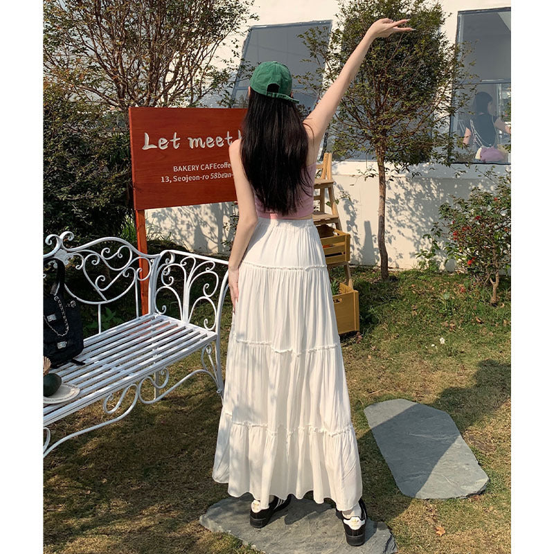 Women's Summer High Waist Elastic Waist Pleated Casual Mid-length Skirt