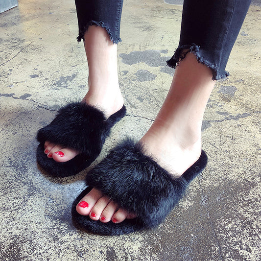 Fashionable Korean Style Plush Slippers For Women Outside Wear Flip Flops