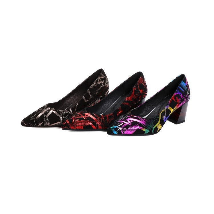 Fashion thick heel leather shallow pointed toe single shoes women