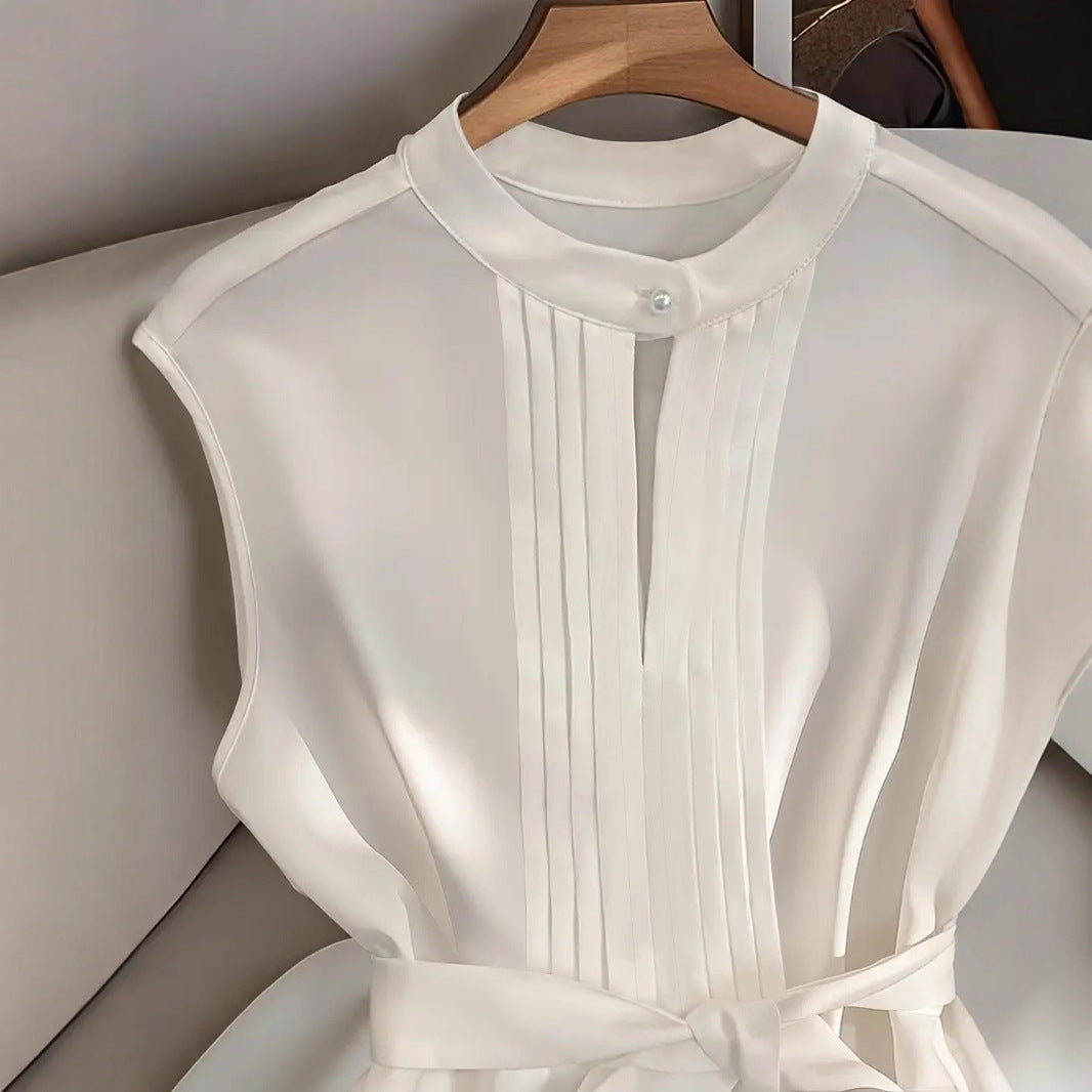 Classic Elegant Solid Color Sleeveless Belted Pleated Shirt