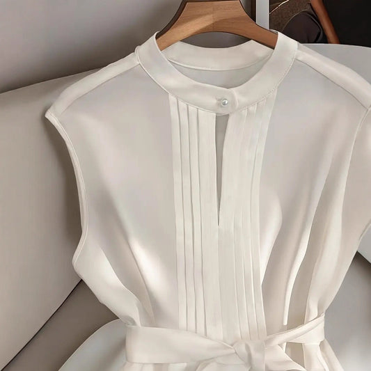 Classic Elegant Solid Color Sleeveless Belted Pleated Shirt
