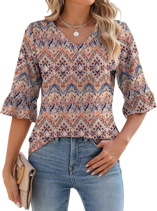 Women's Printed Hollow Ruffle Sleeve Casual Short-sleeved Top