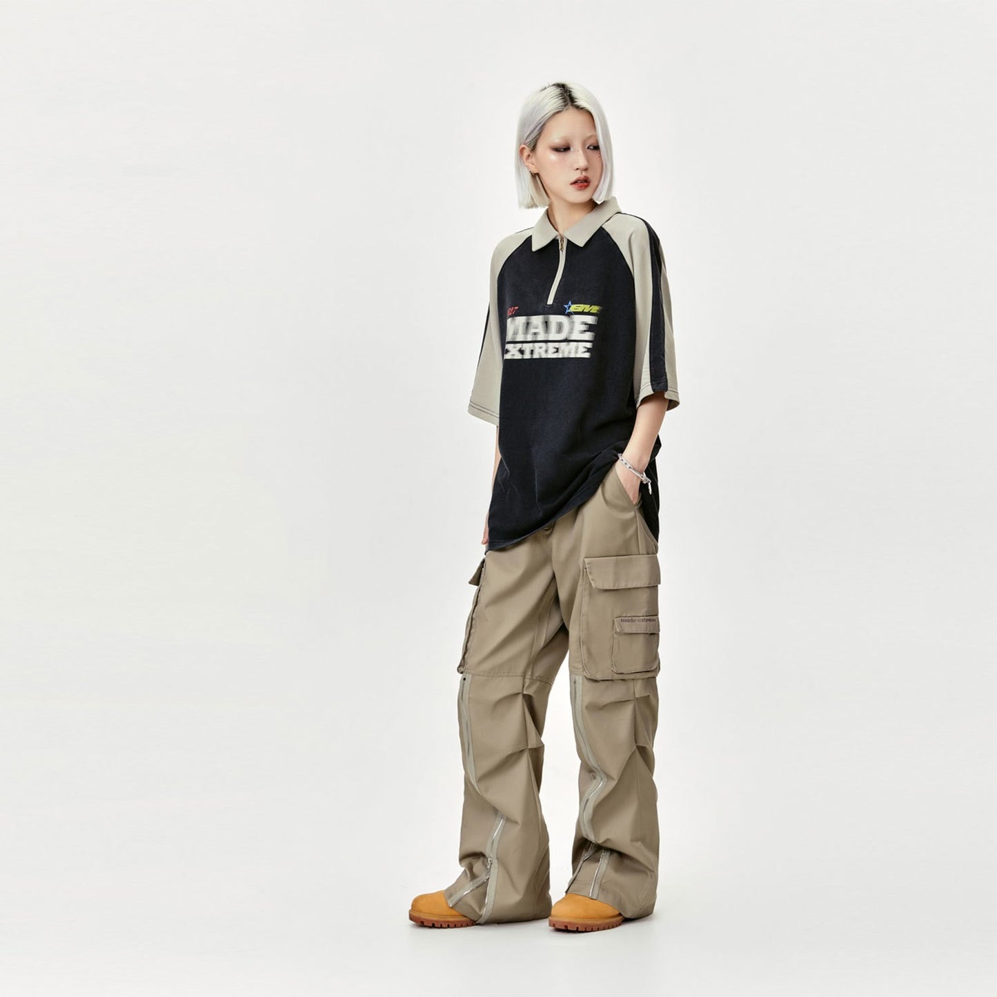 Retro Contrast Color Half Zipper Printed Letter Short Sleeve Polo Shirt