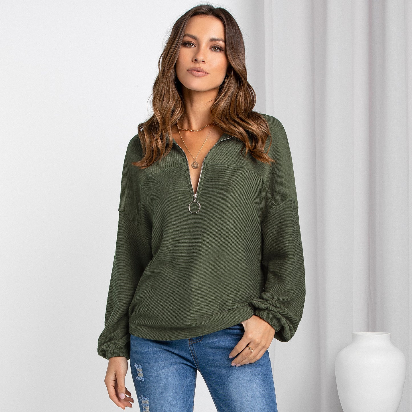 Women's Fashion Casual Pullover V-Neck Solid Color Loose Sweater