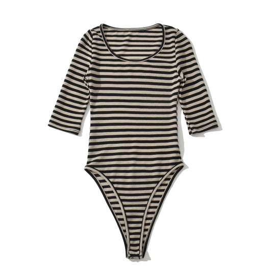 Form-fitting Long-sleeve Stretch Striped T-shirt Jumpsuit With A Deep U-neck