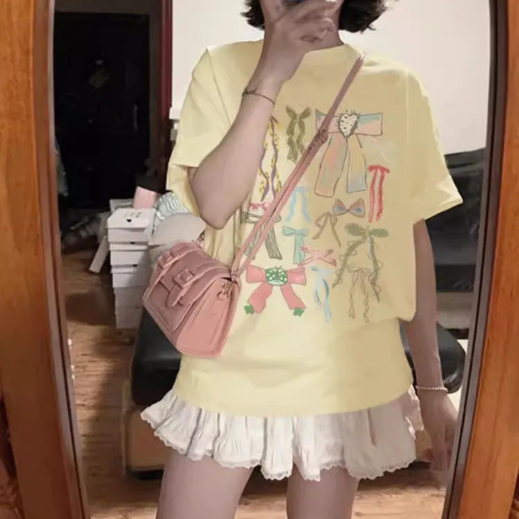 Cotton Short-sleeved T-shirt Idle Style Bow Print