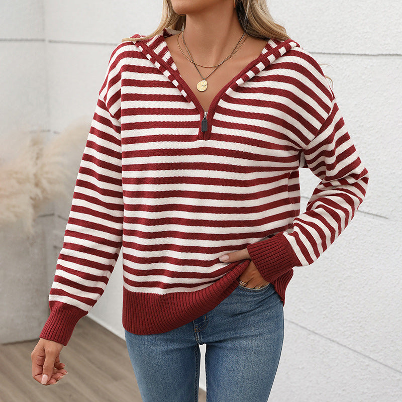 Women's V-neck Striped Pullover Sweater